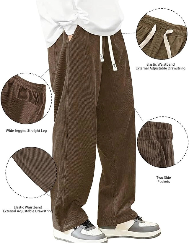 Mens Corduroy Casual Pants Fashion Loose Fit Wide Leg Pants Straight Sweatpants Elastic Waist Drawstring